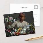 Young Woman with Peonies | Frédéric Bazille Postcard<br><div class="desc">Young Woman with Peonies (1870) by French impressionist artist Frédéric Bazille. Original artwork is an oil painting on canvas depicting a black woman with a lush array of flowers. 

Use the design tools to add custom text or personalise the image.</div>