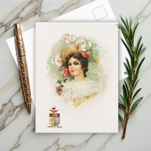 Young Woman with Pink Roses Postcard