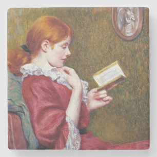 Young Woman With Red Hair Reading a Good Book Stone Coaster