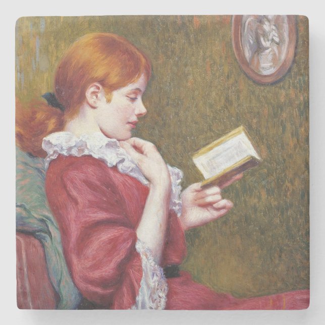 Young Woman With Red Hair Reading a Good Book Stone Coaster (Front)