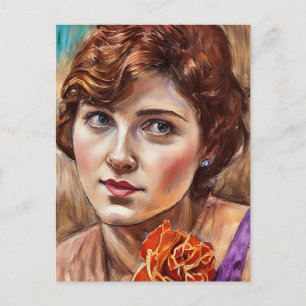 Young Woman with rose pastel art painting Postcard