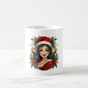 Young woman with santa claus clothes illustration coffee mug