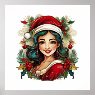 Young woman with santa claus clothes illustration poster