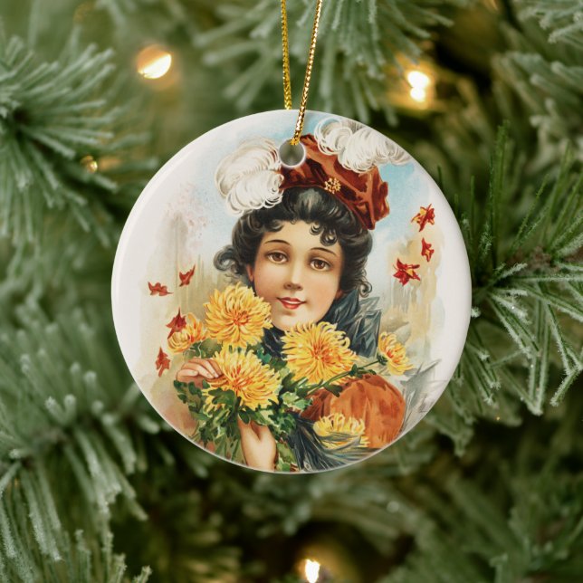 Young Woman with Yellow Chrysanthemums  Ceramic Tree Decoration (Tree)