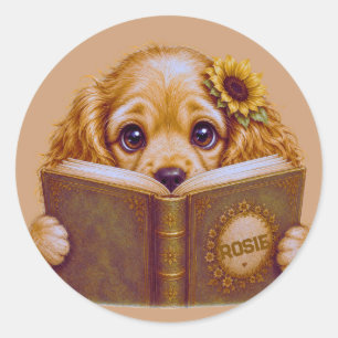 Youngsters Love Books, cocker spaniel pup Classic Round Sticker
