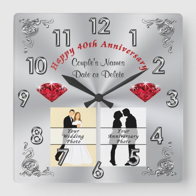Your 1 or 2 PHOTOS Ruby Wedding Anniversary Gifts Square Wall Clock (Front)
