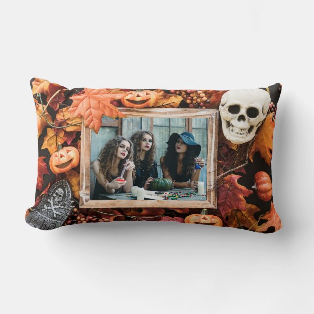 YOUR 2 PHOTOS in a Halloween Frame throw pillow (Front)