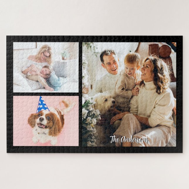 Your 3 Family Photos & Script Name on Black Jigsaw Puzzle (Horizontal)