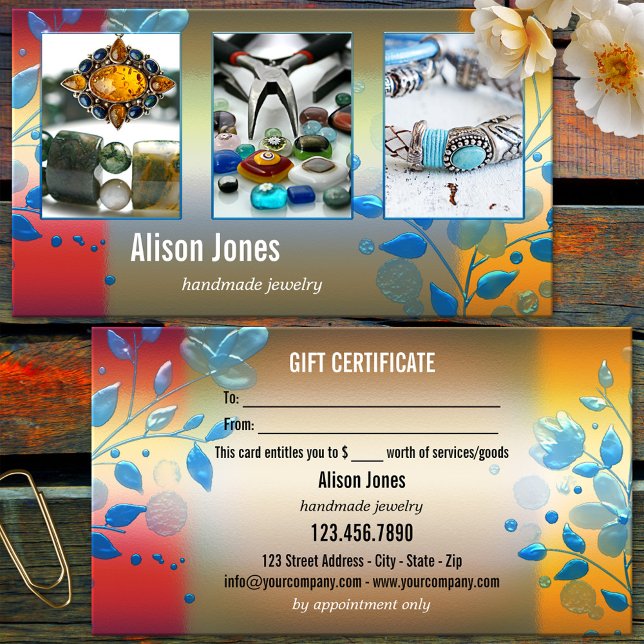 Your 3 Photos Colourful Floral Jewellery Gift Busi (Artisan crafts or jewelry business card featuring your photos framed by a colorful floral design)