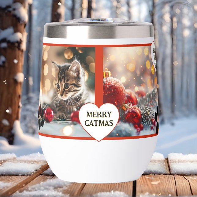 Your 4 Cat Photos Cute Christmas Insulated Tumbler (Insulated thermal tumbler featuring your own 4 photos with cat paw prints and hearts)