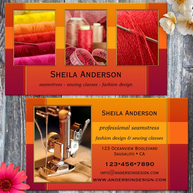 Your 4 Photos Fashion Design Seamstress Sewing Business Card (Bold colored business card with  custom photos for a seamstress, fashion designer, tailor, crafter)