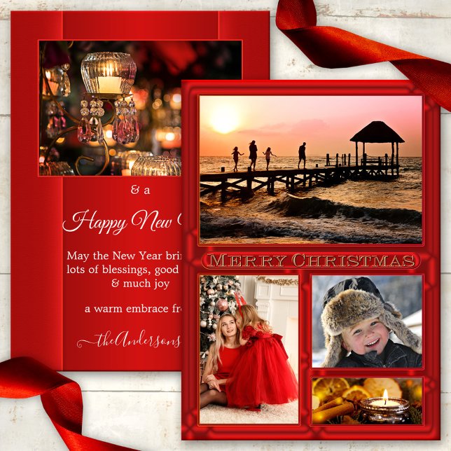 Your 5 Photos Elegant Red Christmas Holidays Card (A Christmas Holidays card featuring 5 of your own custom photos framed by an elegant red design)