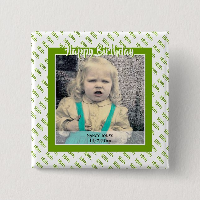 Your Age & Photo: Birthday Number Pattern Green 15 Cm Square Badge (Front)