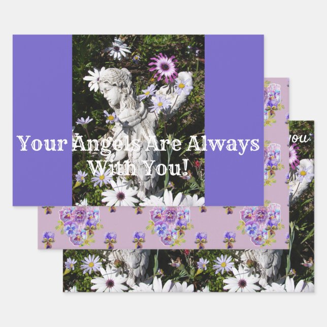 Your Angels Are With You Purple Flower Floral Wrapping Paper Sheet (Set)