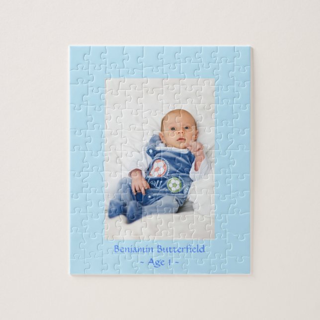 Your  Baby Boy Photo with His Name in Blue Frame Jigsaw Puzzle (Vertical)