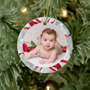 Your Baby Photo CUSTOM White Red Christmas Ribbons Ceramic Tree Decoration