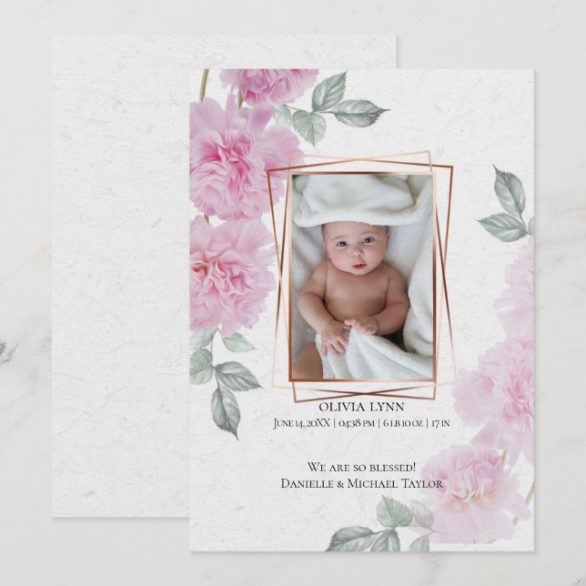Your Baby Photo Romantic Pink Peonies Rice Paper Invitation (Front/Back)