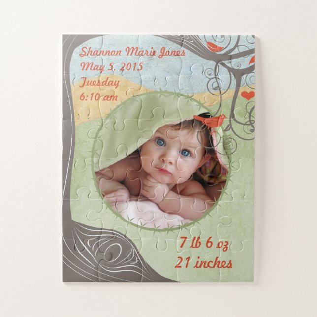 Your Baby's Photo and Birth Stats Forest Tree Bird Jigsaw Puzzle (Vertical)