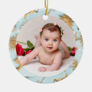 Your Baby's Photo CUSTOM Baby Blue Gold Christmas Ceramic Tree Decoration