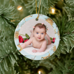 Your Baby's Photo CUSTOM Baby Blue Gold Christmas Ceramic Tree Decoration