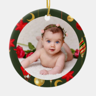Your Baby's Photo CUSTOM Christmas Gold Red Green Ceramic Tree Decoration
