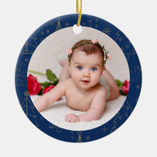 Your Baby's Photo CUSTOM Christmas Navy Gold Luxe Ceramic Tree Decoration