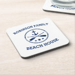 Your Beach House Family Name Anchor Oars Stars<br><div class="desc">Stylish beverage coasters (set of 6) with your personalised family name or other text,  a custom nautical boat anchor with crossed oars and stars in navy blue on white or choose background colours to match your decor.</div>