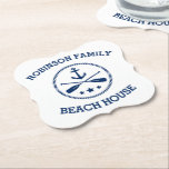 Your Beach House Family Name Anchor Oars Stars Paper Coaster<br><div class="desc">Stylish paper beverage coasters with your personalised family name or other text,  a custom nautical boat anchor with crossed oars and stars in navy blue on white or choose background colours to match your decor.</div>