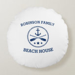 Your Beach House Family Name Anchor Oars Stars Round Cushion<br><div class="desc">Stylish round throw pillows cushions with your personalised family name or other text,  a custom nautical boat anchor with crossed oars and stars in navy blue on white or change colours to match your home decor.</div>