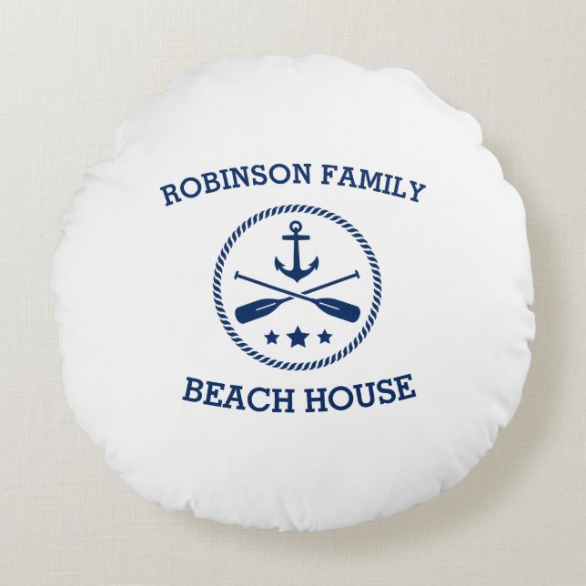 Your Beach House Family Name Anchor Oars Stars Round Cushion (Front)
