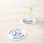Your Beach House Family Name Anchor Oars Stars Round Paper Coaster<br><div class="desc">Stylish round beverage coasters with your personalised family name or other text,  a custom nautical boat anchor with crossed oars and stars in navy blue on white or choose background colours to match your decor.</div>