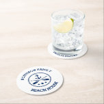 Your Beach House Family Name Anchor Oars Stars Round Paper Coaster<br><div class="desc">Stylish round beverage coasters with your personalised family name or other text,  a custom nautical boat anchor with crossed oars and stars in navy blue on white or choose background colours to match your decor.</div>