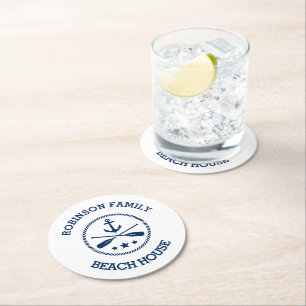 Your Beach House Family Name Anchor Oars Stars Round Paper Coaster