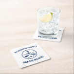 Your Beach House Family Name Anchor Oars Stars Square Paper Coaster<br><div class="desc">Stylish beverage coasters with your personalised family name or other text,  a custom nautical boat anchor with crossed oars and stars in navy blue on white or choose background colours to match your decor.</div>