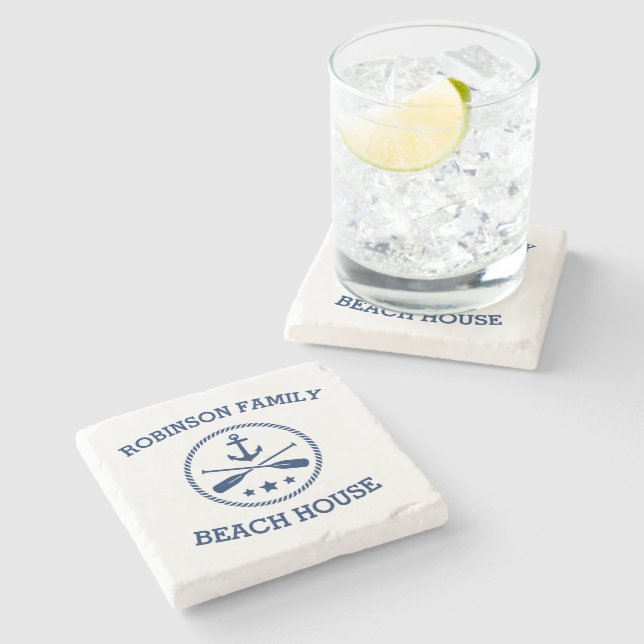 Your Beach House Family Name Anchor Oars Stars Stone Coaster (Side)