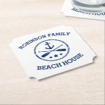 Your Beach House Family Name Anchor Stars Paddles Paper Coaster<br><div class="desc">Stylish paper beverage coasters with your personalised family name or other text,  a custom nautical boat anchor with crossed oars and stars in navy blue on white or choose background colours to match your decor.</div>