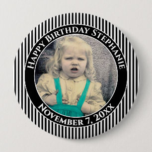 Your Birthday Photo Simple Stripes Black/White 10 Cm Round Badge