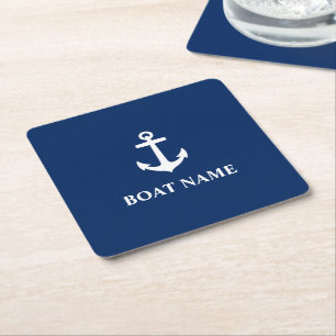 Your Boat Name Anchor Blue an0a Square Paper Coaster