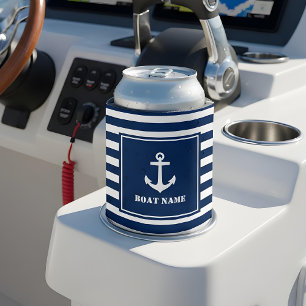 Your Boat Name Anchor Blue Striped Can Cooler