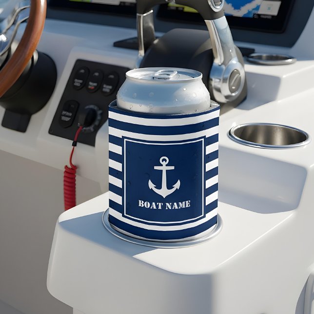Your Boat Name Anchor Blue Striped Can Cooler (Creator Uploaded)