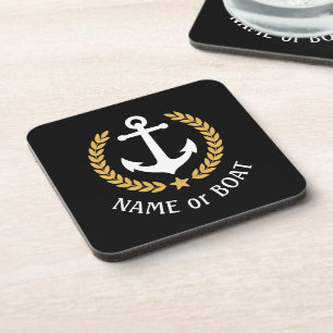 Your Boat Name Anchor Elegant Gold Laurel Black Coaster