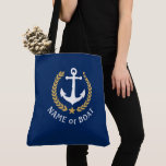 Your Boat Name Anchor Gold Laurel Large Navy Blue Tote Bag<br><div class="desc">A nautical themed tote bag with your personalised name, boat name or other desired text. Features a custom designed nautical boat anchor with gold style laurel leaves and star on navy blue. Easily customise the base colour to match your current decor or theme. Reusable and great for vacation, shopping and...</div>