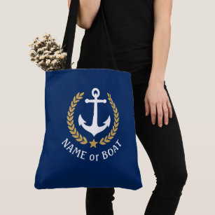 Your Boat Name Anchor Gold Laurel Large Navy Blue Tote Bag