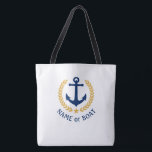 Your Boat Name Anchor Gold Laurel Large White Tote Bag<br><div class="desc">A nautical themed tote bag with your personalised name, boat name or other desired text. Features a custom designed nautical boat anchor with gold style laurel leaves and star on white, Easily customise the base colour to match your current decor or theme. Reusable and great for vacation, shopping and travelling....</div>
