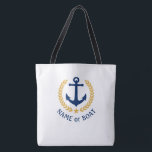 Your Boat Name Anchor Gold Laurel Large White Tote Bag<br><div class="desc">A nautical themed tote bag with your personalised name, boat name or other desired text. Features a custom designed nautical boat anchor with gold style laurel leaves and star on white, Easily customise the base colour to match your current decor or theme. Reusable and great for vacation, shopping and travelling....</div>