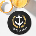 Your Boat Name Anchor Gold Laurel Star Black Round Paper Coaster<br><div class="desc">A nautical themed,  personalised set of round paper coasters with your boat name,  family name or other desired text as needed. Featuring a custom designed vintage boat anchor,  gold style laurel leaves and star emblem on black or easily adjust the primary colour to match your current theme.</div>