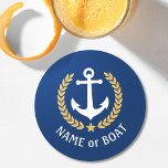 Your Boat Name Anchor Gold Laurel Star Blue Round Paper Coaster<br><div class="desc">A nautical themed,  personalised set of round paper coasters with your boat name,  family name or other desired text as needed. Featuring a custom designed vintage boat anchor,  gold style laurel leaves and star emblem on navy blue or easily adjust the primary colour to match your current theme.</div>