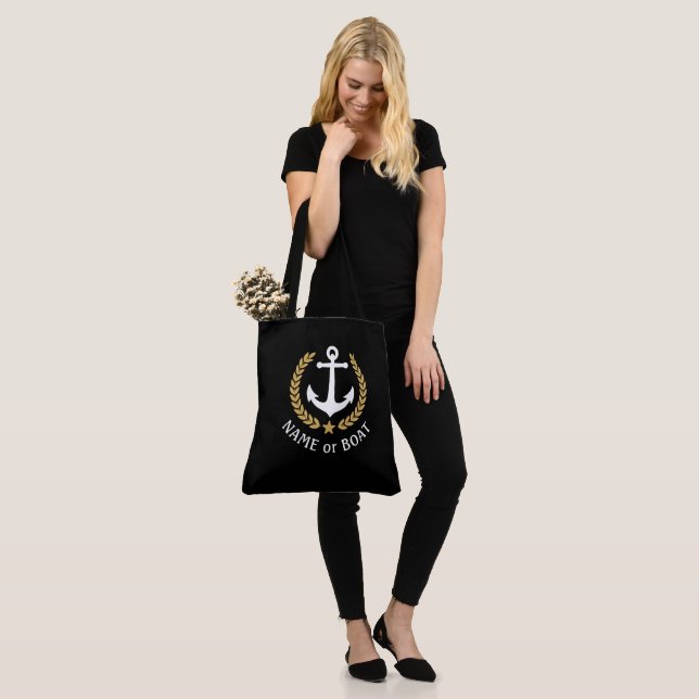 Your Boat Name Anchor Gold Laurel Star Large Black Tote Bag (On Model)