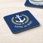 Your Boat Name Anchor Gold Laurel Star Navy Coaster<br><div class="desc">A set of nautical themed cork back beverage coasters with your personalised boat name, family name or other desired text. Features a custom designed boat anchor with gold style laurel leaves and a star on classic navy blue or easily customise the base colour to match your current decor or theme....</div>