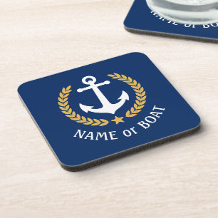 Your Boat Name Anchor Gold Laurel Star Navy Coaster